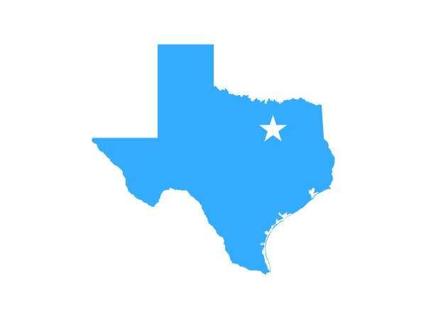 Shape of Texas with a star showing North Texas
