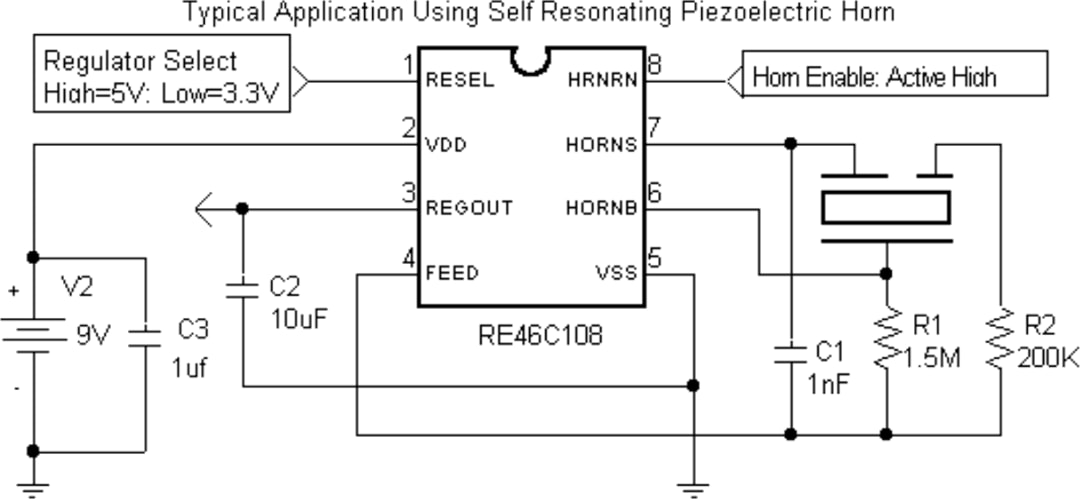 Application Circuit Diagram - Microchip Technology RE46C108 Piezoelectric Horn Driver