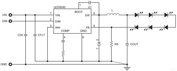 Application Circuit Diagram - STMicroelectronics LED5000 3A Step-Down Converter