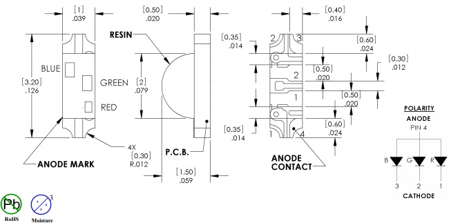 Mechanical Drawing - Optek / TT Electronics OVSRRGBCC3 LEDs