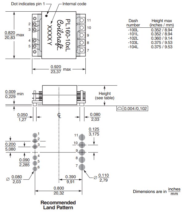Mechanical Drawing - Coilcraft PL160/PL300 SMT Planar Transformers