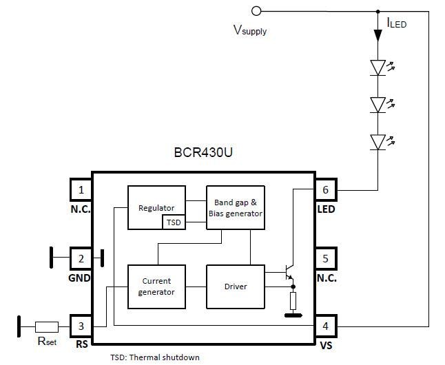 Block Diagram - Infineon Technologies BCR430U Low Drop Voltage LED Driver IC