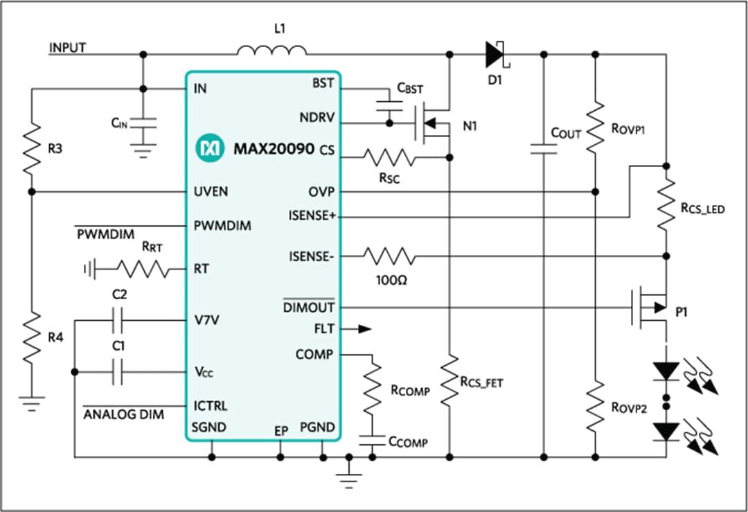 Application Circuit Diagram - Analog Devices / Maxim Integrated MAX20090 High-Voltage HB LED Controller