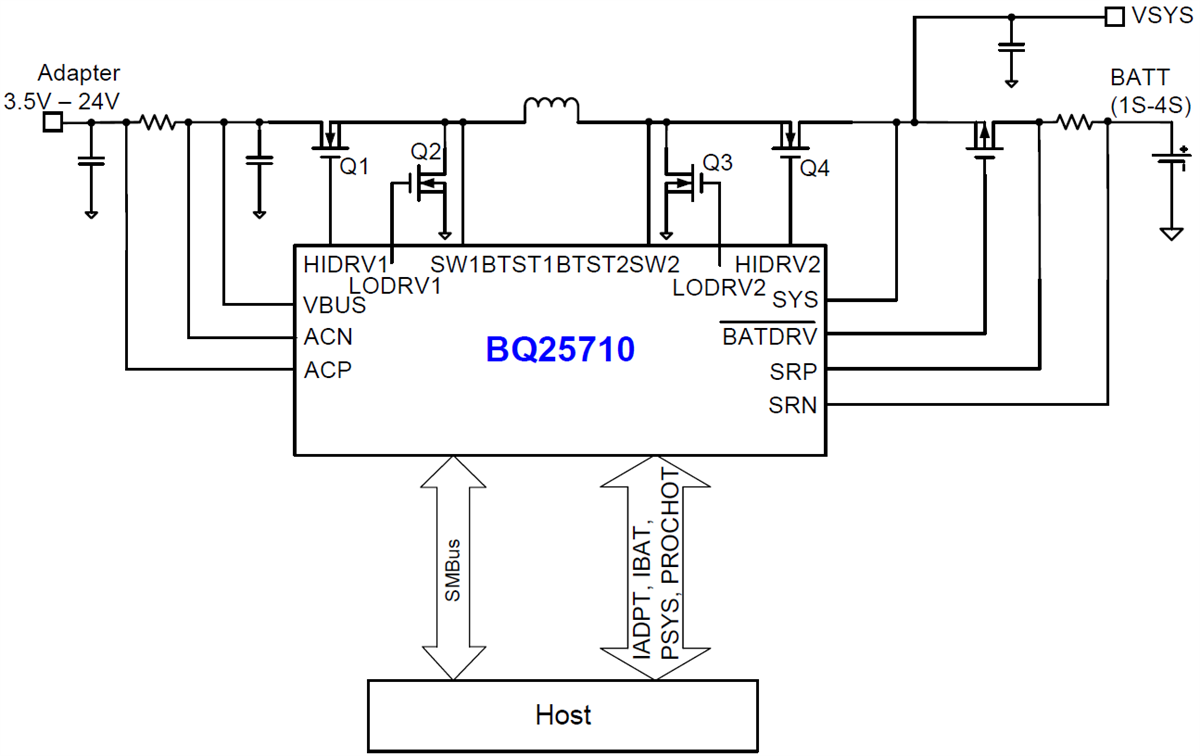 Application Circuit Diagram - Texas Instruments bq25710 / bq25713 / bq25713B Charge Controller
