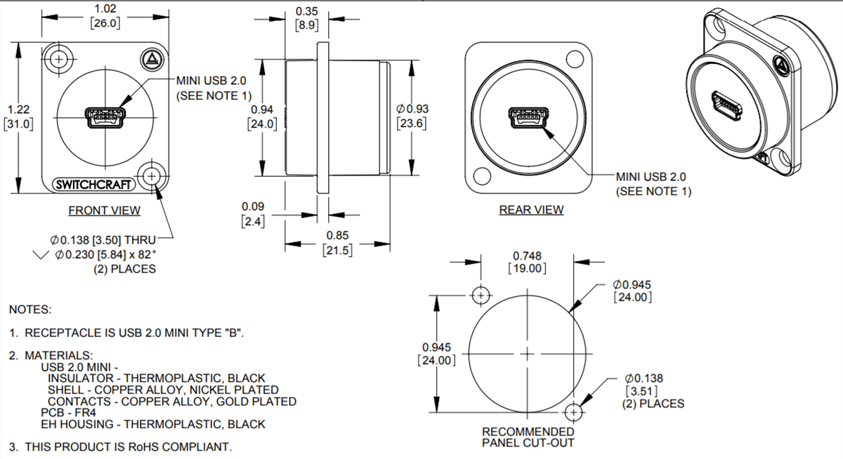 Mechanical Drawing - Switchcraft EH Mini-USB Feedthru Connectors