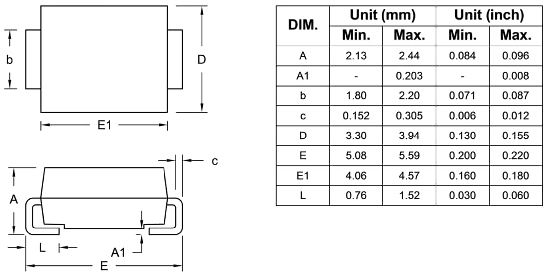 Mechanical Drawing - Taiwan Semiconductor RS3xB 3A Fast Recovery Rectifiers