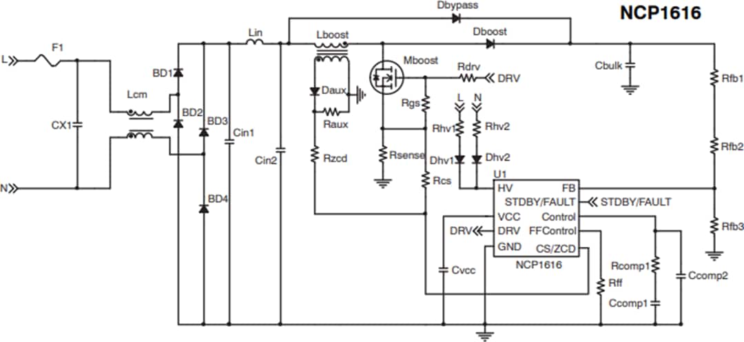 Application Circuit Diagram - onsemi NCP1616 Power Factor Correction Controller