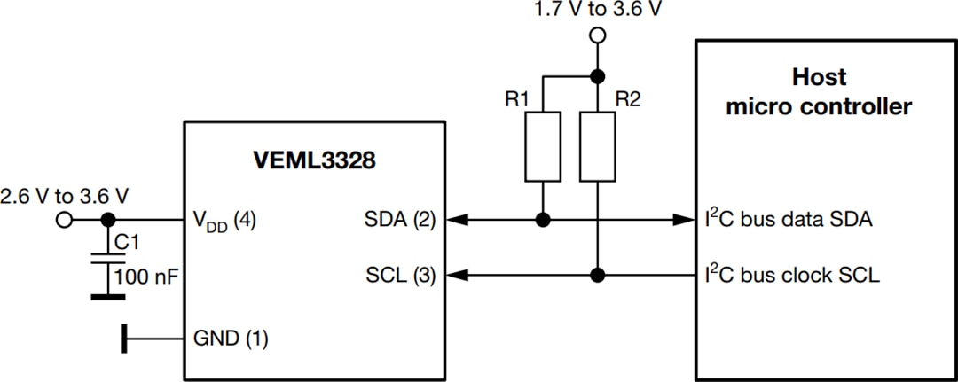 Application Circuit Diagram - Vishay VEML3328 & VEML3328SL RGBCIR Color Sensors