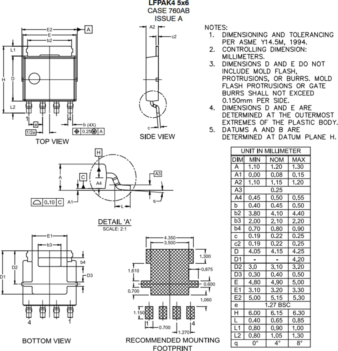Mechanical Drawing - onsemi LFPAK4 Automotive N-Channel Power MOSFETs