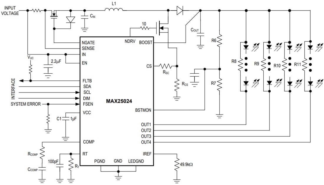 Application Circuit Diagram - Analog Devices Inc. MAX25024 4-Channel LED Drivers