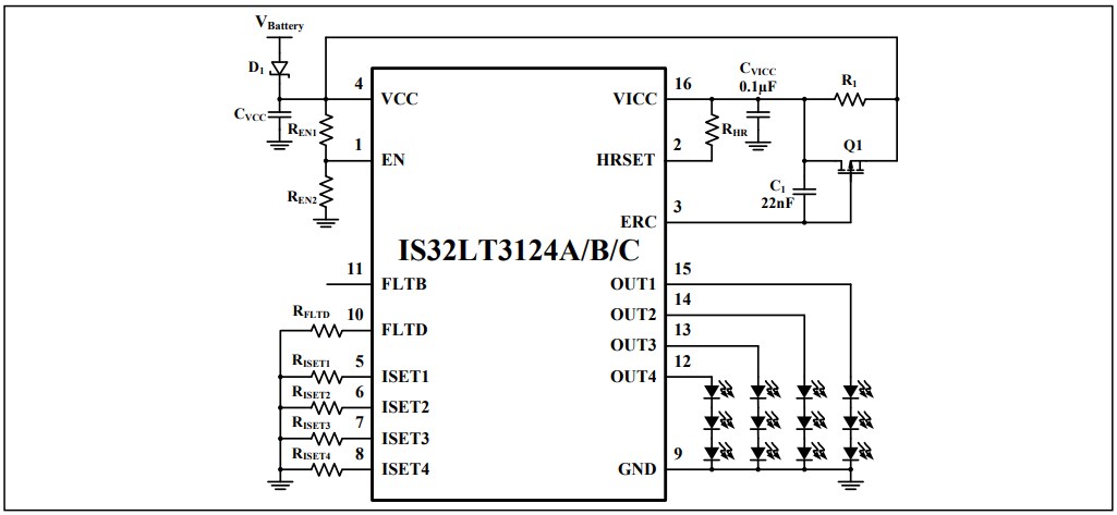 Application Circuit Diagram - Lumissil IS32LT3124 Linear LED Drivers