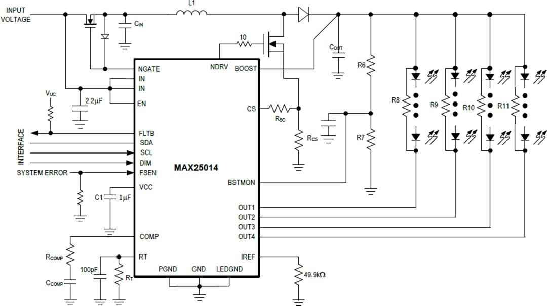 Application Circuit Diagram - Analog Devices Inc. MAX25014 Automotive 4-Channel Backlight Driver