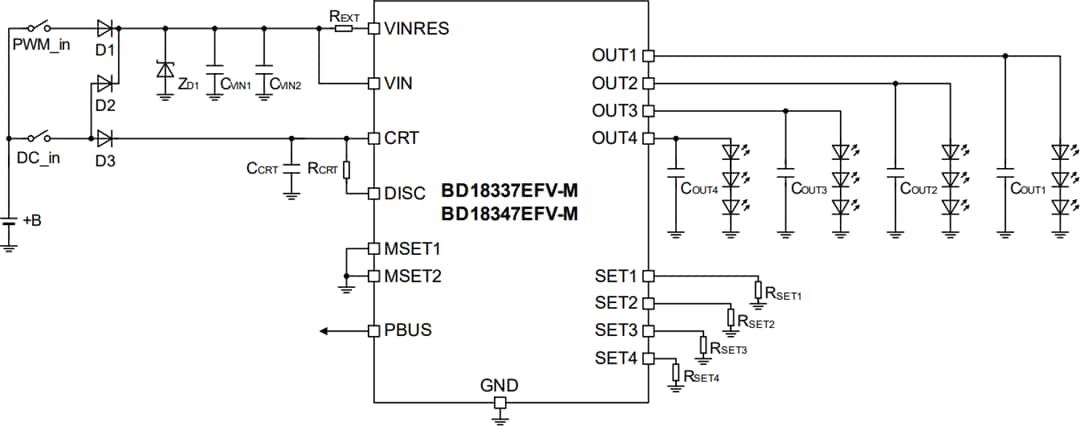 Application Circuit Diagram - ROHM Semiconductor BD18337EFV-ME2 & BD18347EFV-ME2 LED Drivers