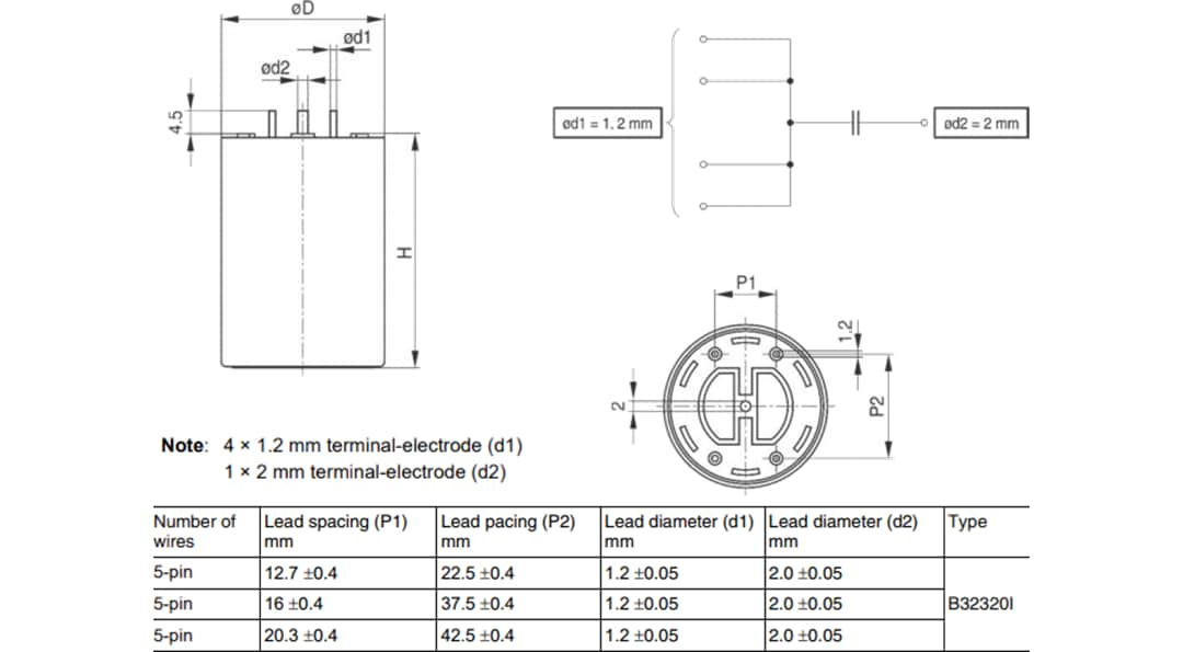 Mechanical Drawing - EPCOS / TDK B32320I Cylindrical DC-Link Film Capacitors