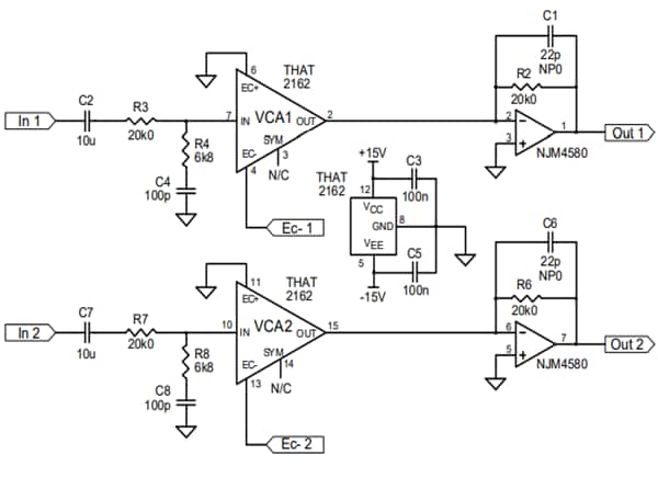 Application Circuit Diagram - THAT Corporation 2162 Series Dual Pre-trimmed Blackmer® VCAs