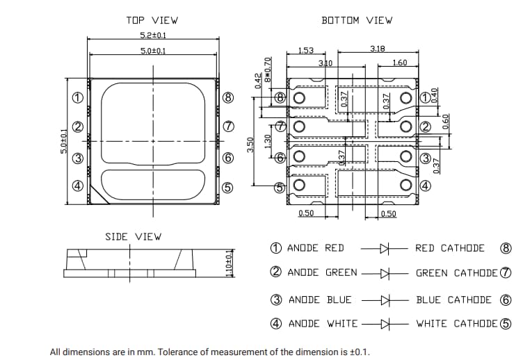 Mechanical Drawing - Cree LED CLQ6B 4-in-1 RGBW SMD LEDs