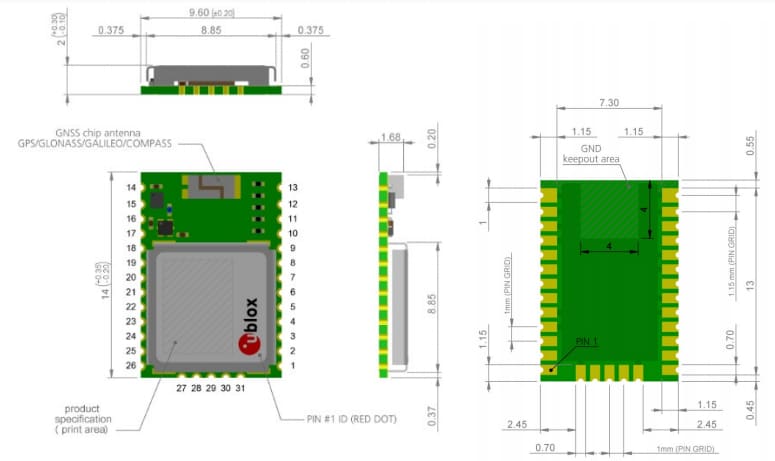 Mechanical Drawing - u-blox CAM-M8 GNSS Antenna Modules
