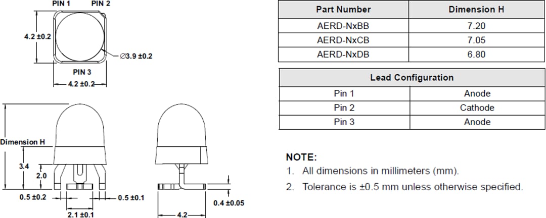 Mechanical Drawing - Broadcom AERD-NxxB Infrared SMT Round Lamps
