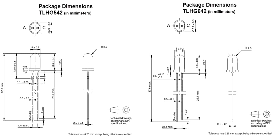 Mechanical Drawing - Vishay Semiconductors TLHG542/TLHG642 5mm High-Efficiency LEDs