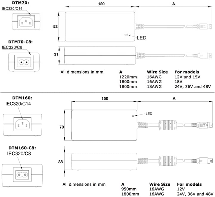 Mechanical Drawing - TDK-Lambda DTM70 & DTM160 External Power Supplies