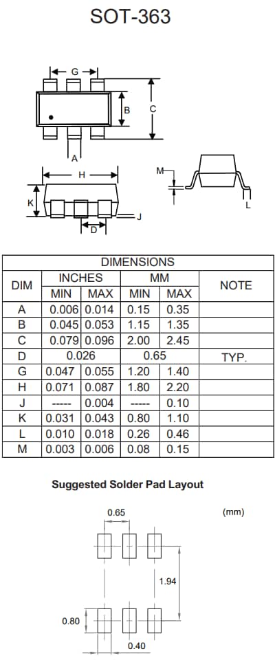 Mechanical Drawing - Micro Commercial Components (MCC) MMDT5401HE3 Dual PNP Transistor