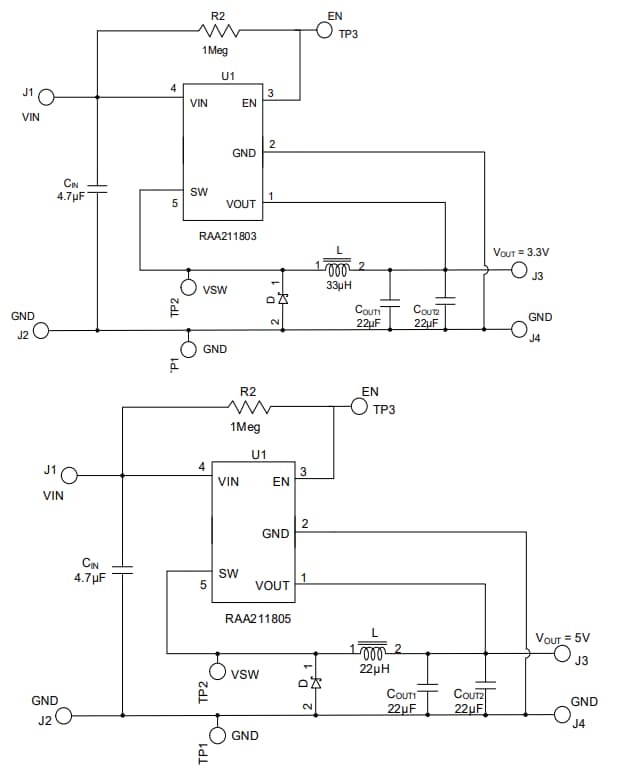 Application Circuit Diagram - Renesas Electronics RAA21180x DC/DC Step-Down Regulators
