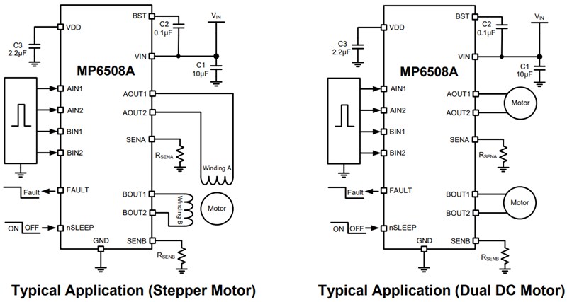 Application Circuit Diagram - Monolithic Power Systems (MPS) MP6508A 2.7V to 18V Bipolar Stepper Motor Drivers