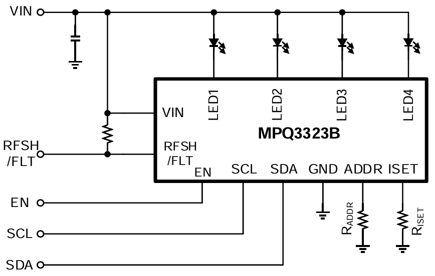 Application Circuit Diagram - Monolithic Power Systems (MPS) MPQ3323 4-Channel 320mA/Ch LED Drivers
