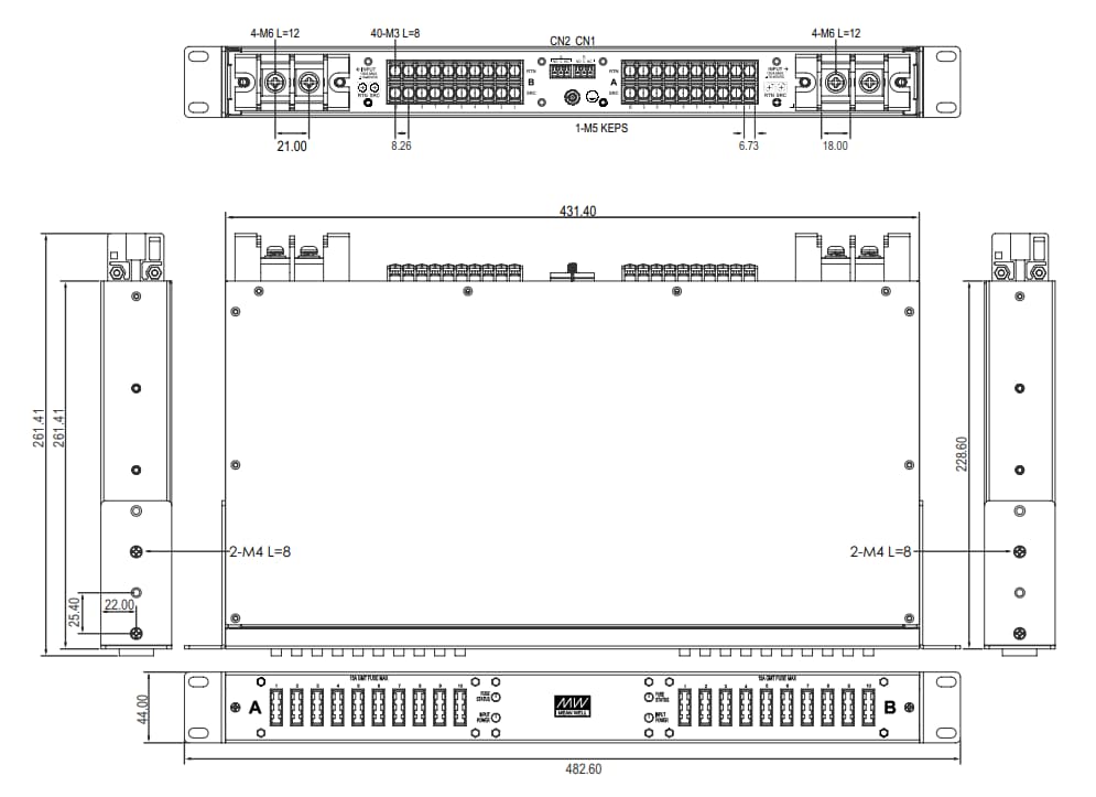 Mechanical Drawing - MEAN WELL RDU20G-200 Rackmount Power Distribution Unit