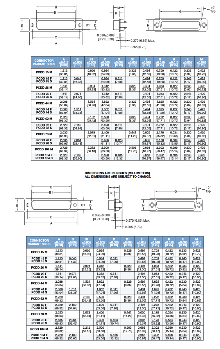 Mechanical Drawing - Positronic Compliant Press-Fit D-Subs