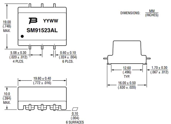 Mechanical Drawing - Bourns SM91523AL Automotive BMS Planar Transformer
