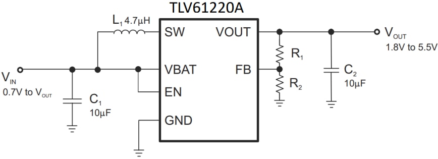 Application Circuit Diagram - Texas Instruments TLV61220A Low-Input Voltage Step-Up Converter