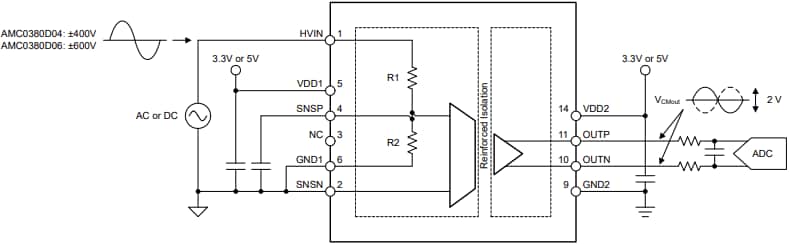 Application Circuit Diagram - Texas Instruments AMC0380D & AMC0380D-Q1 Isolated Amplifiers