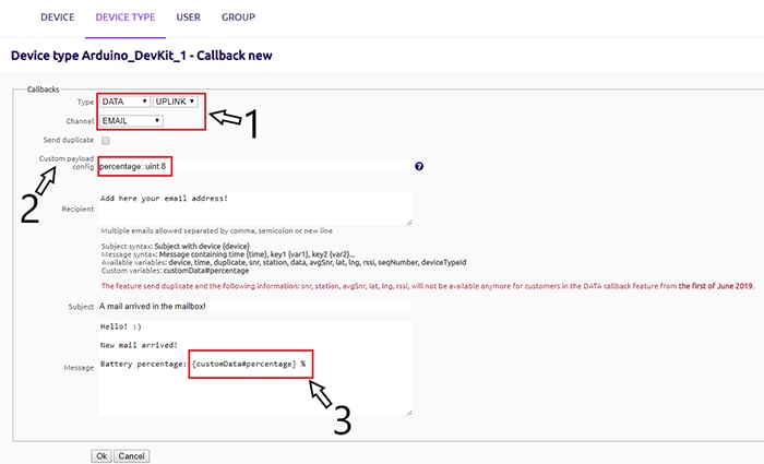 Callback function setup