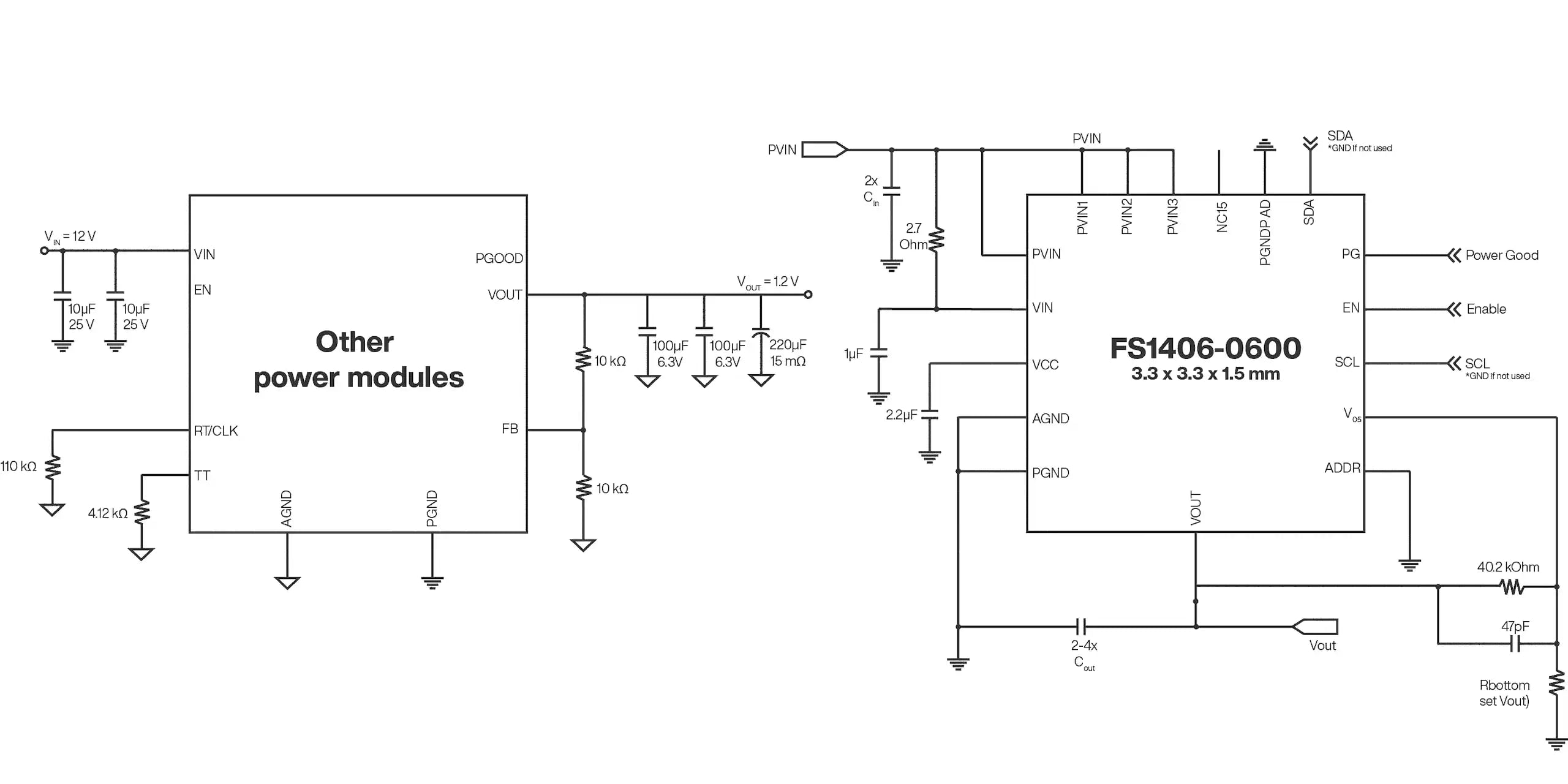 Click to view full size Block diagrams comparing the FS1406 products to other 3-6A power modules
