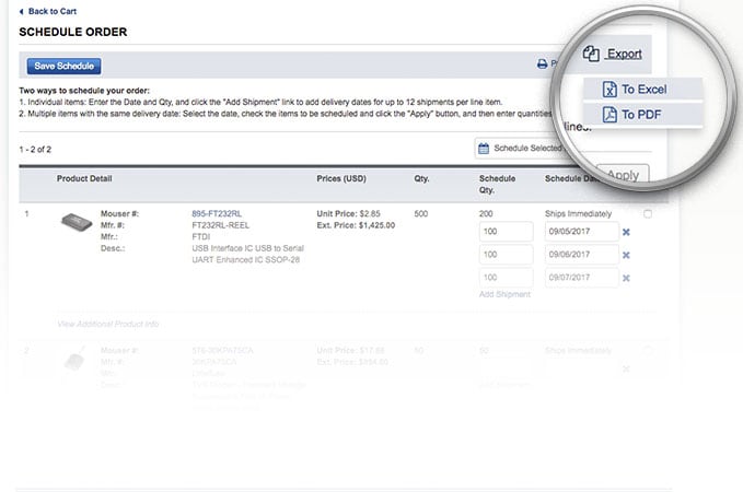 Delivery Schedule Export dropdown options on schedule order page.